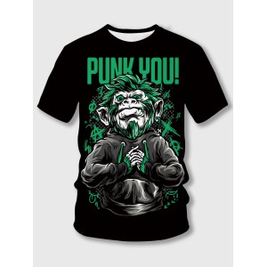 Men Casual O Neck Animal Letter Print Black T-shirt